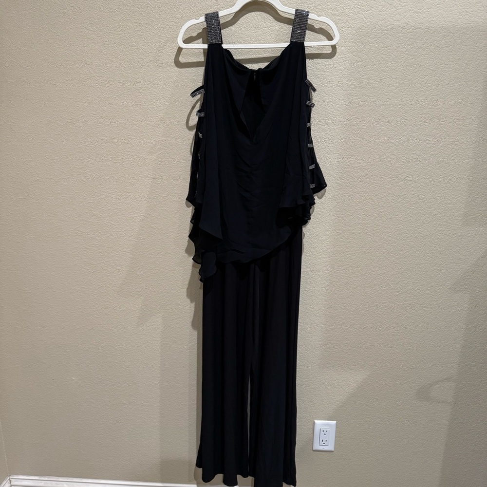 Vintage S Levine Black Rhinestone Overlay Wide Leg Jumpsuit L
